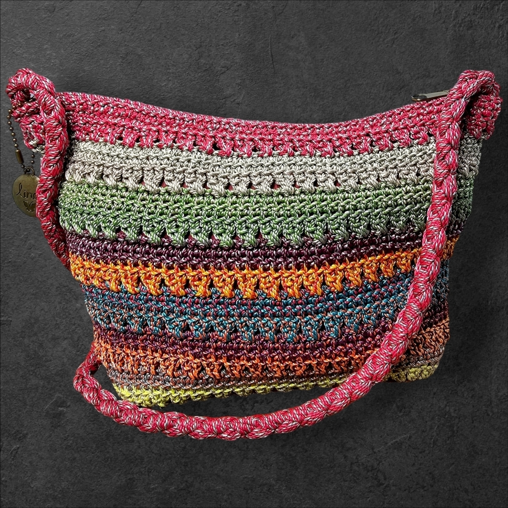 LINA Small Crochet Shoulder Bag Striped Shoulder Strap Hippie Festival 20" Strap - Picture 4 of 12